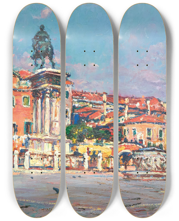 Triptych art skateboard deck of Andrea Tavernier Venice Campo Santi Giovanni E Paolo by Andrea Tavernier (1858-1932)