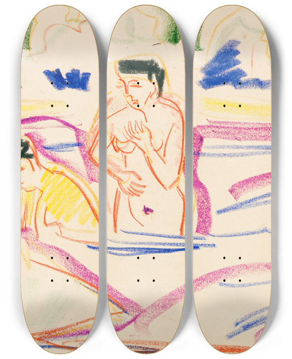 Triptych art skateboard deck of Ernst Ludwig Kirchner Badende Frauen by Ernst Ludwig Kirchner (1880-1938)