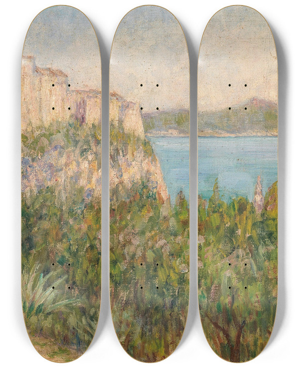 Triptych art skateboard deck of Flora Jaksic A View Of Lovri Jenac Fortress In Dubrovnik by Flora Jaksic (1856-1943)