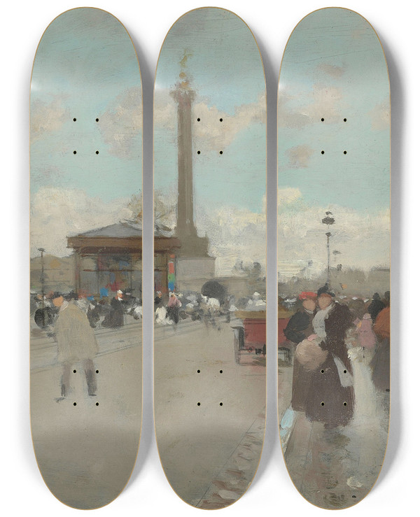 Triptych art skateboard deck of Luigi Loir Place De La Bastille Paris by Loir Luigi (1845-1916)