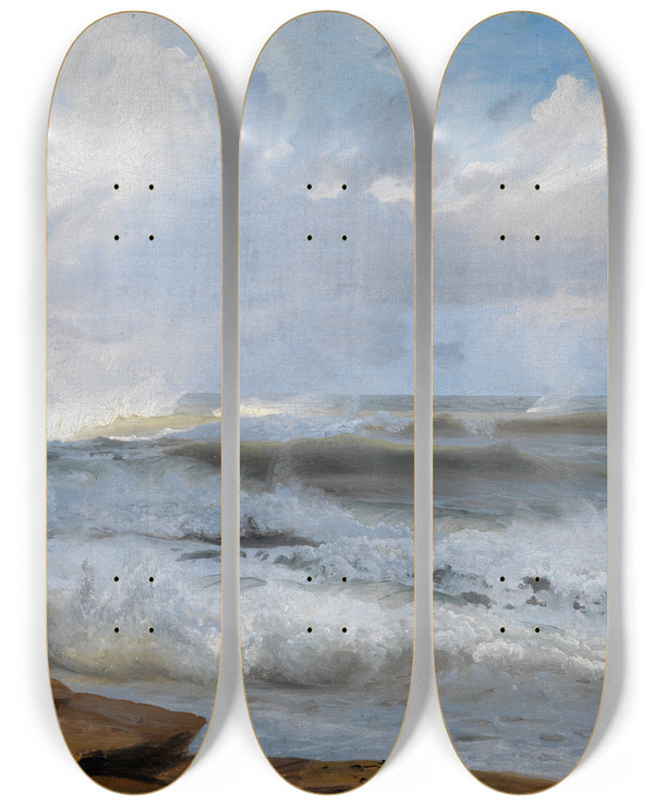 Triptych art skateboard deck of Johann Wilhelm Schirmer Meeresstudie Bei Etretat Mit Felskste Zur Linken by Johann Wilhelm Schirmer (1807-1863)