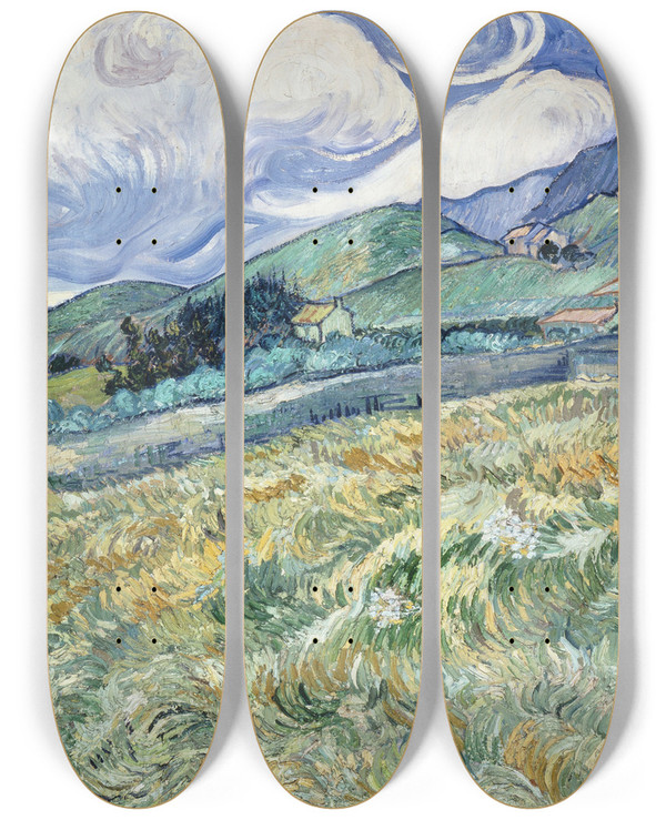 Triptych art skateboard deck of Vincent Van Gogh Landscape From Saintrmy by Vincent van Gogh (1853-1890)