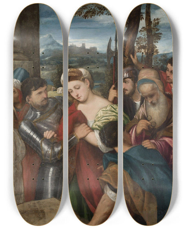 Triptych art skateboard deck of Bonifacio Veronese Christ And The Adulteress by Bonifacio Veronese (1487-1553)