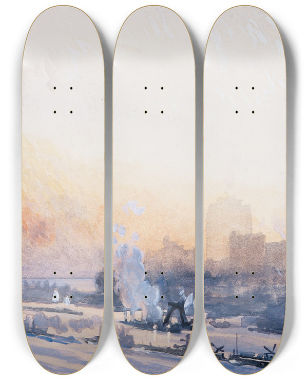 Triptych art skateboard deck of Joseph Pennell Winter Sunset New York Harbor by Joseph Pennell (1857-1926)