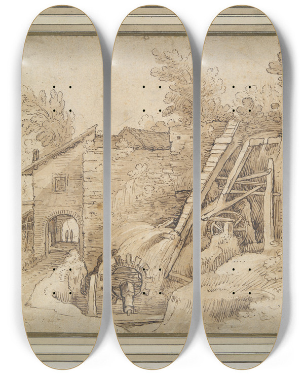 Triptych art skateboard deck of Paul Bril Mill by Paul Bril (1554-1626)