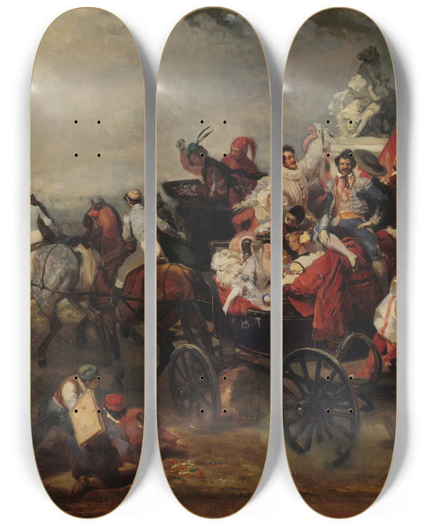 Triptych art skateboard deck of Eugne Lami Scne De Carnaval Place De La Concorde by Eugene Lami (1800-1890)
