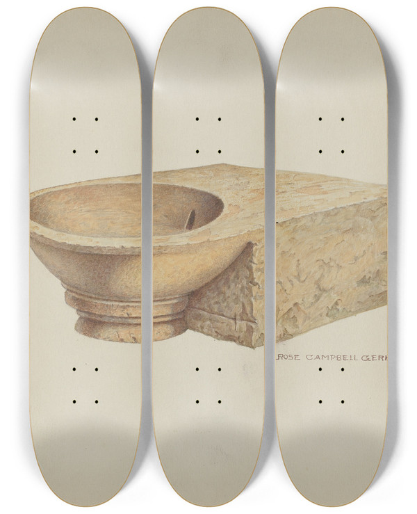 Triptych art skateboard deck of Rose Campbellgerke Carved Stone Was Basin by Rose Campbell Gerke (1882)