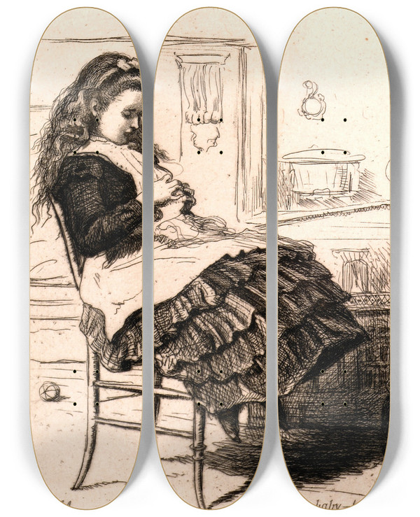 Triptych art skateboard deck of Sir John Everett Millais The Babyhouse by Sir John Everett Millais (1829-1896)