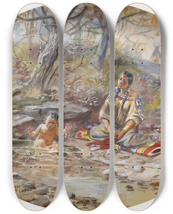 Triptych art skateboard deck of Charles Marion Russell The Bath by Charles Marion Russell (1864-1926)