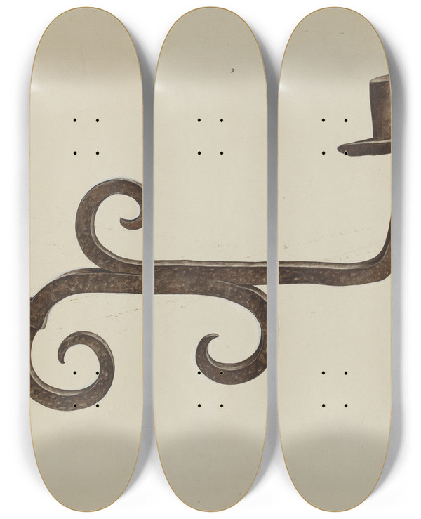 Triptych art skateboard deck of Gordena Jackson Hand Wrought Iron Candlestick by Gordena Jackson