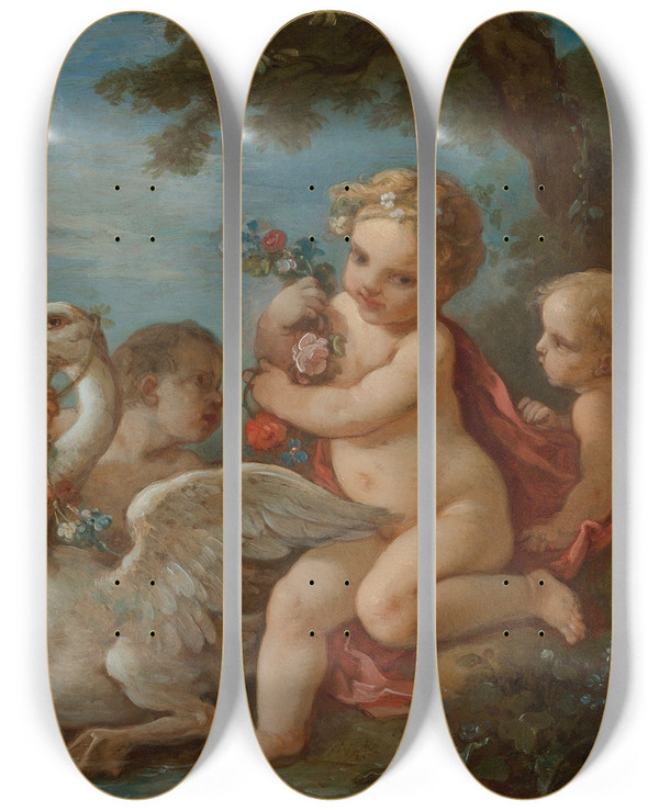 Triptych art skateboard deck of Charlesjoseph Natoire Putti Adorning A Swan With A Garland Of Flowers by Charles Joseph Natoire (1700-1777)