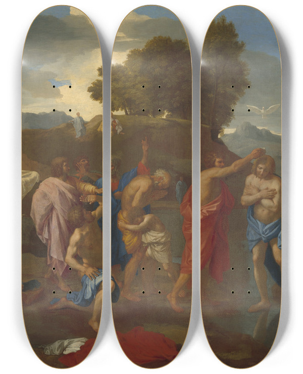 Triptych art skateboard deck of Nicolas Poussin The Baptism Of Christ by Nicolas Poussin (1594-1665)