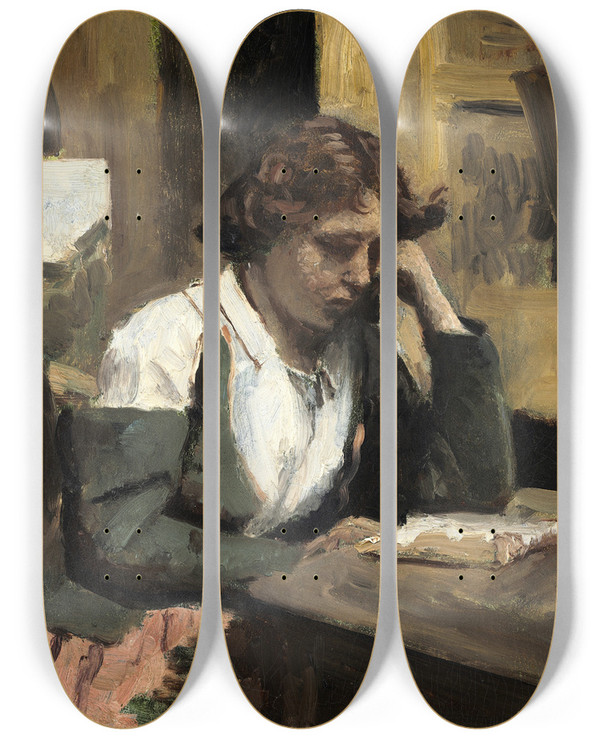 Triptych art skateboard deck of Jeanbaptistecamille Corot Woman Reading In The Studio by Jean-Baptiste-Camille Corot (1796-1875)