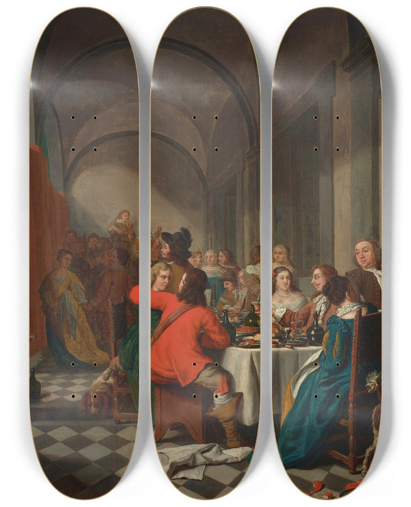 Triptych art skateboard deck of Jan Josef Horemans The Elder An Elegant Dinner Party In An Arcade by Jan Josef Horemans The Elder (1682-1759)