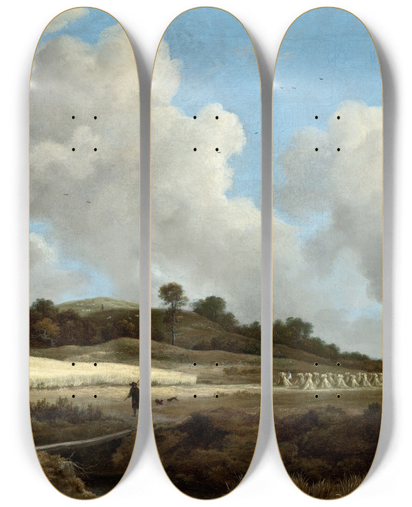 Triptych art skateboard deck of Jacob Van Ruisdael View Of Grainfields With A Distant Town by Jacob Van Ruisdael (1628-1682)