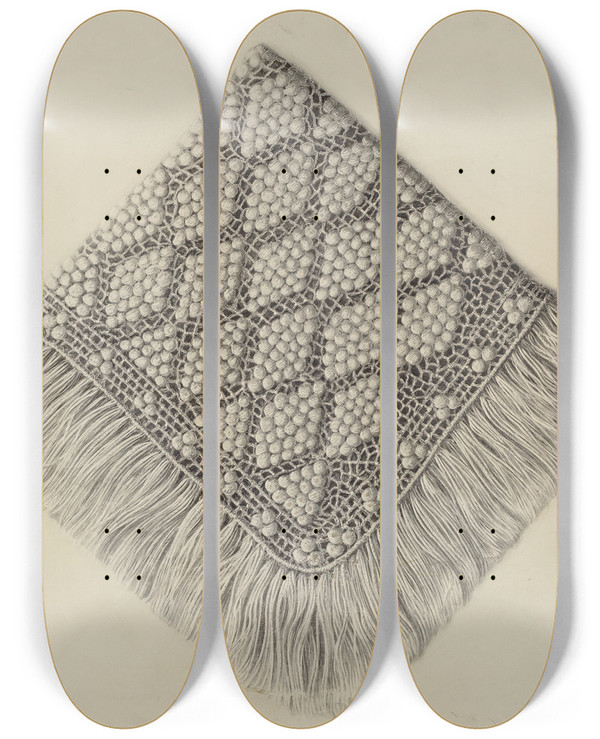Triptych art skateboard deck of Herbert Marsh Crochet Doily by Herbert Marsh