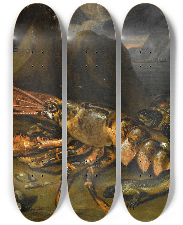 Triptych art skateboard deck of Marco De Caro Still Life With Lobster Lizards And Turtle by Marco de Caro (18-)