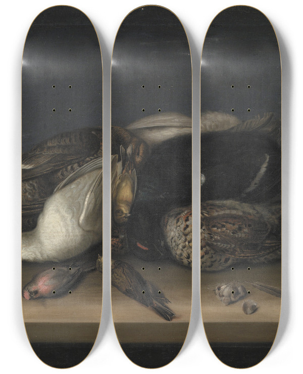Triptych art skateboard deck of Jacob Biltius Wildfowl On A Wooden Table by Jacob Biltius (1633-1681)