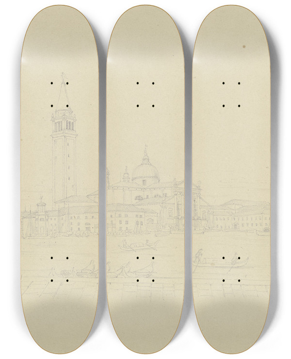 Triptych art skateboard deck of Friedrich Wilhelm Ludwig S Giorgio Maggiore In Venedig by Friedrich Wilhelm Ludwig (1828)