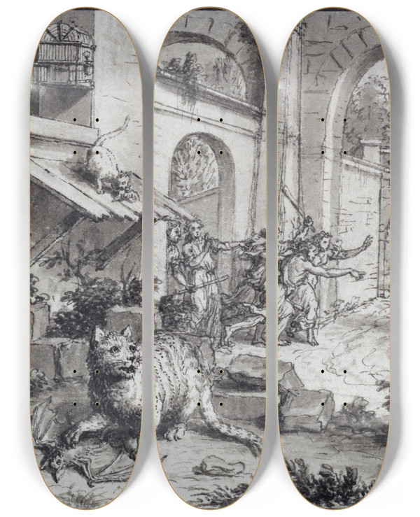 Triptych art skateboard deck of Bernard Picart The Cat And The Bat by Bernard Picart (1673-1733)