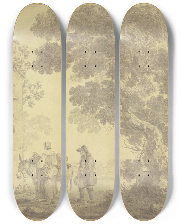 Triptych art skateboard deck of Jeanbaptiste Pillement Vor Einem Hause Unter Einem Groen Baume Ein Mann Und Eine Frau Mit Einem Esel by Jean-Baptiste Pillement (1728-1808)