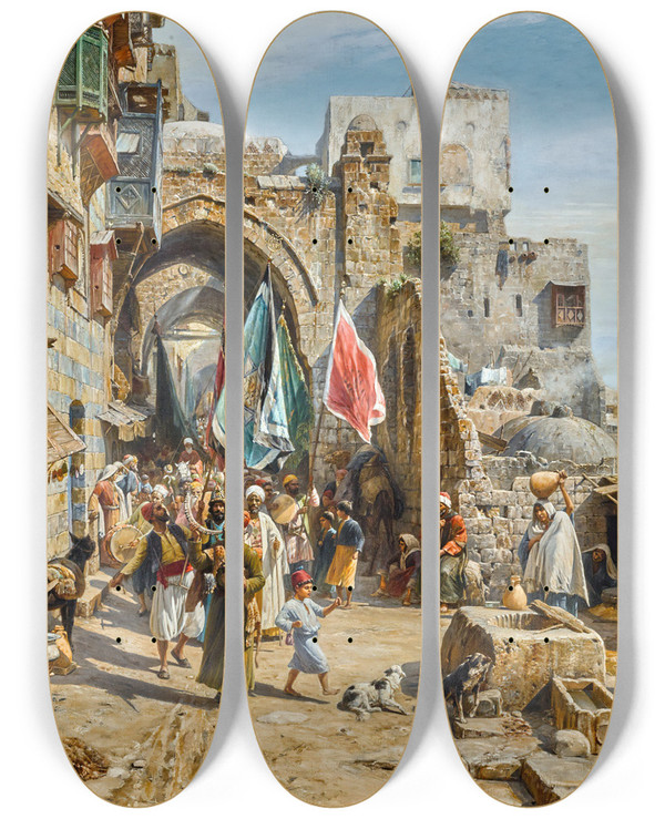 Triptych art skateboard deck of Gustav Bauernfeind Procession In Jaffa by Gustav Bauernfeind (1848-1904)