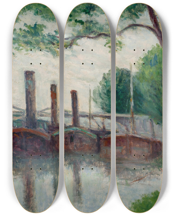 Triptych art skateboard deck of Maximilien Luce Les Bords De La Seine Prs De La Rocheguyon by Maximilien Luce (1858-1941)