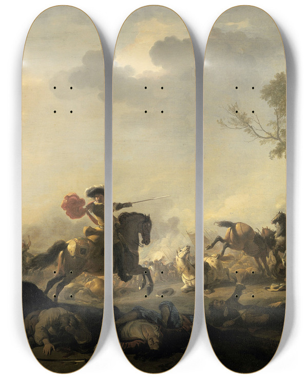 Triptych art skateboard deck of Jan Van Huchtenburg Cavalry Attack by Jan Van Huchtenburg (1647-1733)
