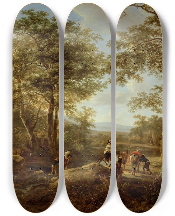 Triptych art skateboard deck of Jan Both The Ford And Halt Of The Travelers by Jan Both (1618-1652)