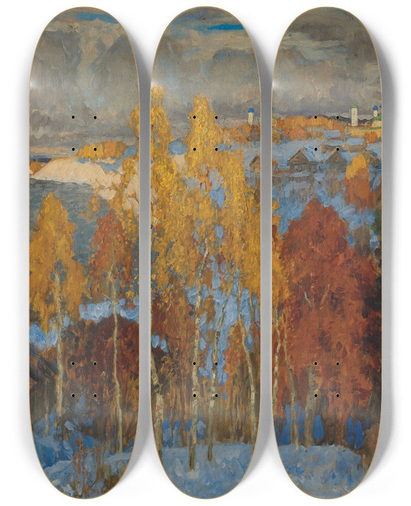 Triptych art skateboard deck of Konstantin Ivanovich Gorbatov Golden Autumn by Konstantin Ivanovich Gorbatov (1876-1945)