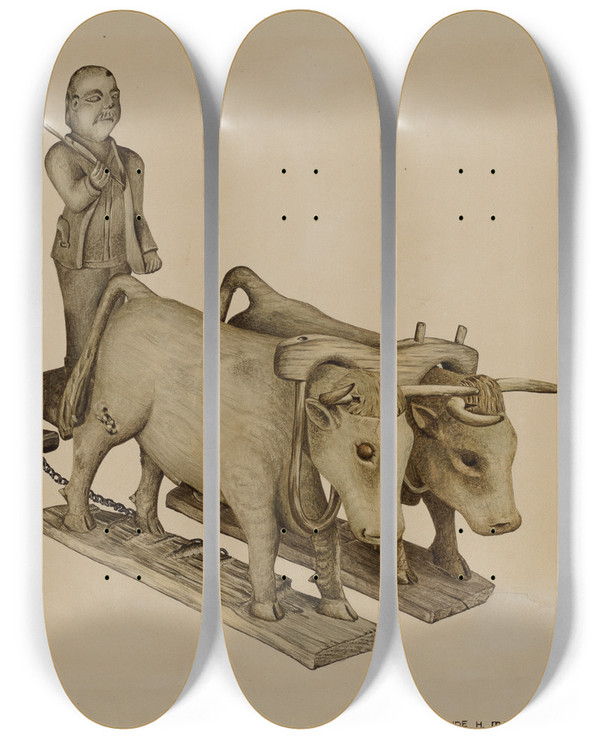 Triptych art skateboard deck of Claude Marshall Loghauling by Claude Marshall