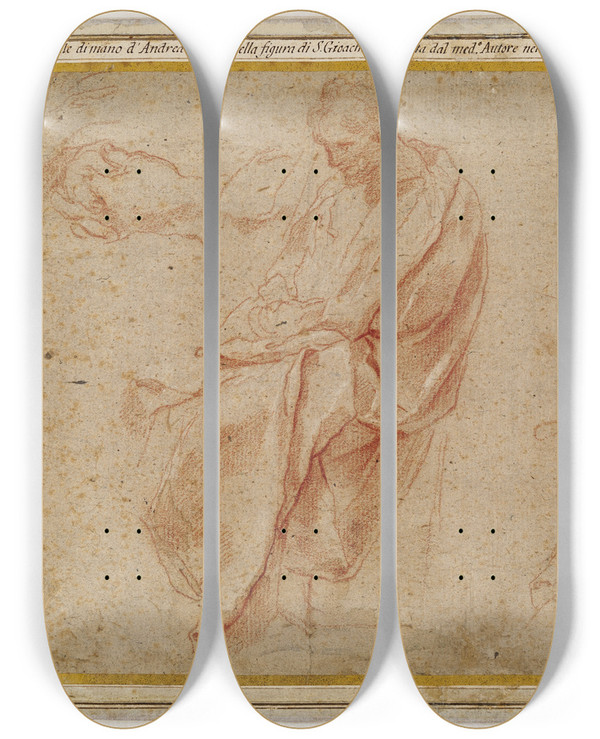 Triptych art skateboard deck of Andrea Sacchi To Studier Af En Siddende Mand Samt Et Studie Af Hans Foldede Hnder by Andrea Sacchi (1599-1661)