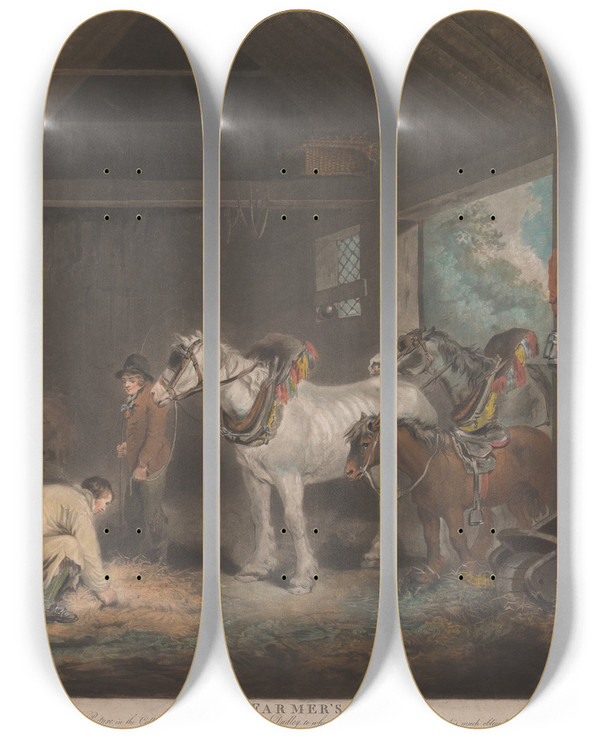Triptych art skateboard deck of George Morland The Farmers Stable by George Morland (1763-1804)