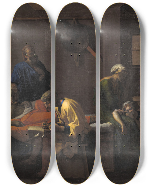 Triptych art skateboard deck of Nicolas Poussin The Testament Of Eudamidas by Nicolas Poussin (1594-1665)