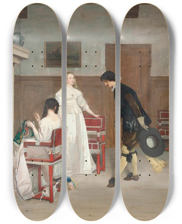 Triptych art skateboard deck of Florent Willems The Introduction by Florent Willems (1823-1905)