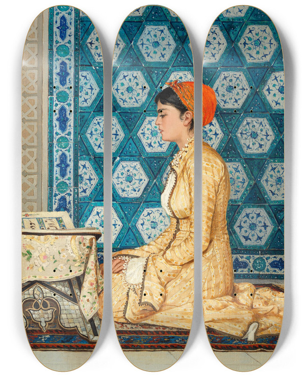 Triptych art skateboard deck of Osman Hamdi Bey Young Woman Reading by Osman Hamdi Bey (1842-1910)