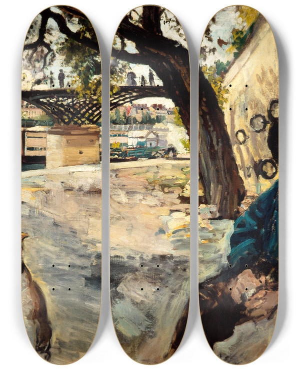 Triptych art skateboard deck of Emile Antoine Guillier Berges De La Seine Au Pont Des Arts Le Charbonnier by Emile Antoine Guillier (1849-1883)