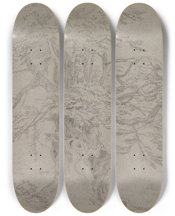 Triptych art skateboard deck of George Howland Beaumont Tree Study by George Howland Beaumont (1753-1827)