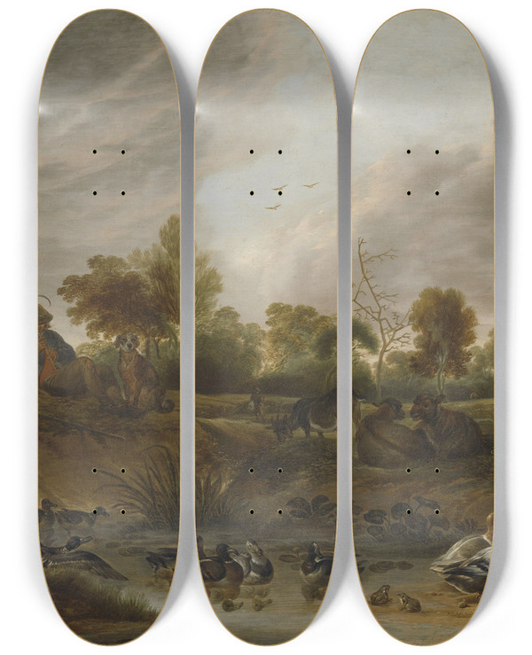 Triptych art skateboard deck of Cornelis Saftleven Landscape With Animals by Cornelis Saftleven (1607-1681)