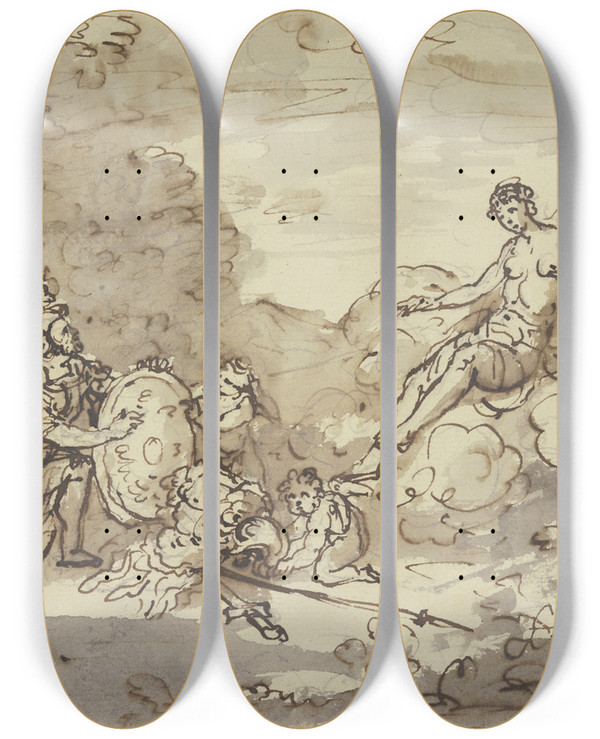 Triptych art skateboard deck of Pieter Tanj Mars Vor Venus Kniend by Pieter Tanje (1706-1761)