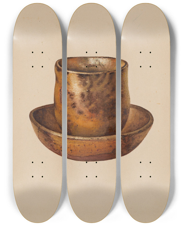 Triptych art skateboard deck of Aaron Fastovsky Cup And Saucer by Aaron Fastovsky