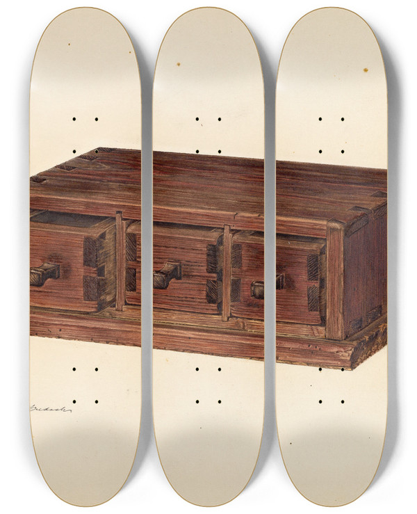 Triptych art skateboard deck of Frank Budash Spice Box by Frank Budash