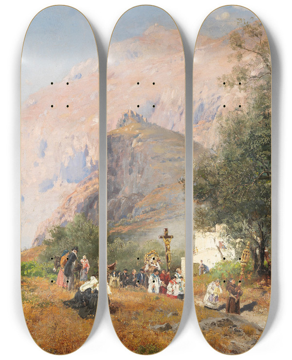 Triptych art skateboard deck of Carl Wuttke Prozession Auf Capri by Carl Wuttke (1849-1927)