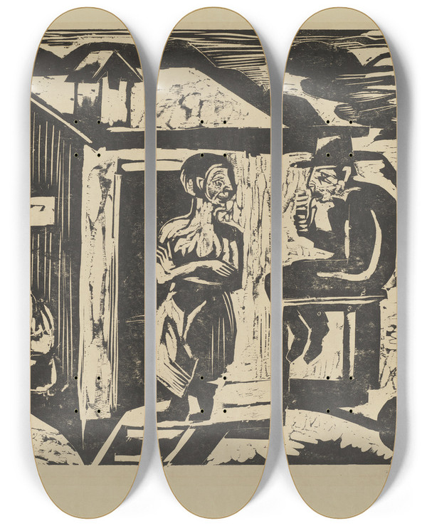 Triptych art skateboard deck of Ernst Ludwig Kirchner Mondnacht_2 by Ernst Ludwig Kirchner (1880-1938)
