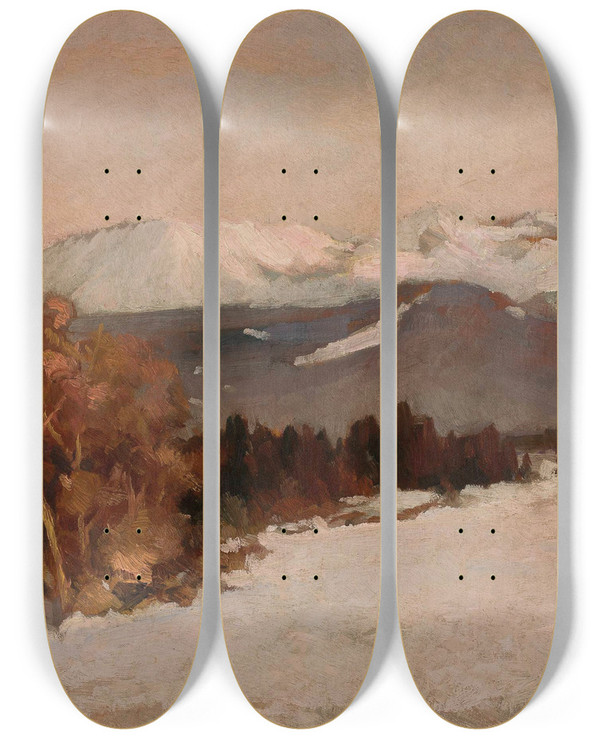 Triptych art skateboard deck of Stefan Filipkiewicz Mountain Landscape In Winter by Stefan Filipkiewicz (1879-1944)