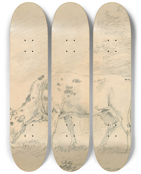 Triptych art skateboard deck of Sawrey Gilpin Cow Grazing_1 by Sawrey Gilpin (1733-1807)