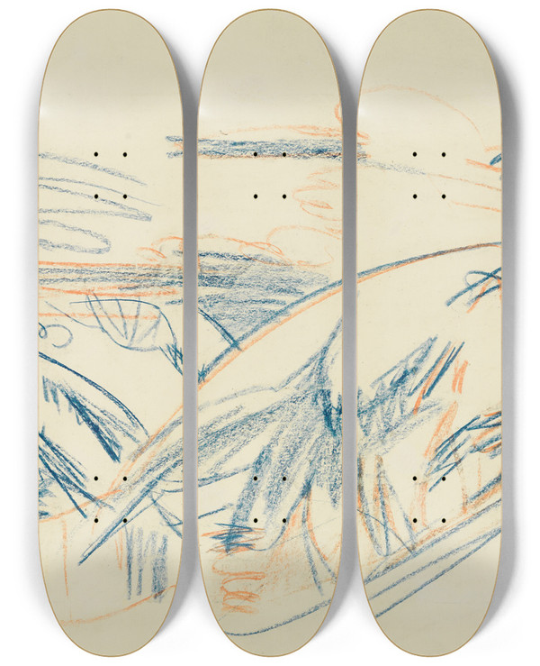 Triptych art skateboard deck of Ernst Ludwig Kirchner Blaurote Gebirgslandschaft by Ernst Ludwig Kirchner (1880-1938)