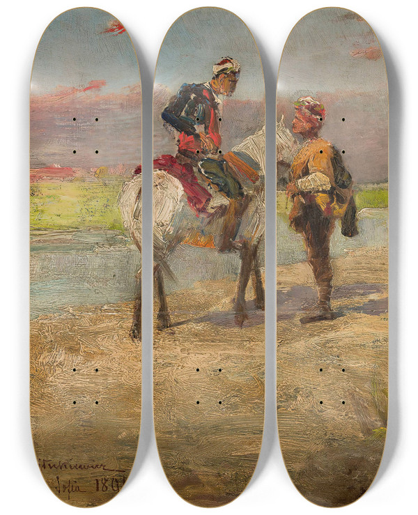Triptych art skateboard deck of Tadeusz Ajdukiewicz Eastern Scene Against A Landscape by Tadeusz Ajdukiewicz (1852-1916)