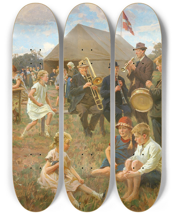 Triptych art skateboard deck of Erik Henningsen Byens Musikanter by Erik Henningsen (1855-1930)