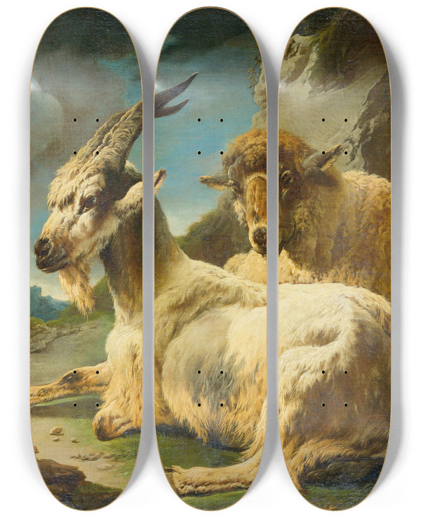 Triptych art skateboard deck of Philipp Peter Roos Sheep And Goat In A Rocky Landscape by Philipp Peter Roos (1657-1706)